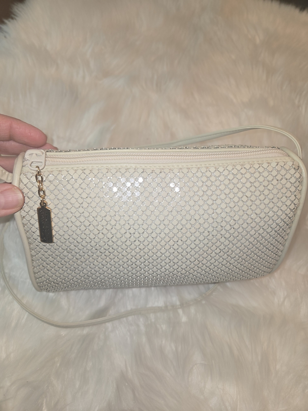 Whiting & Davis Cream Mesh Shoulder Bag with Gold Accent